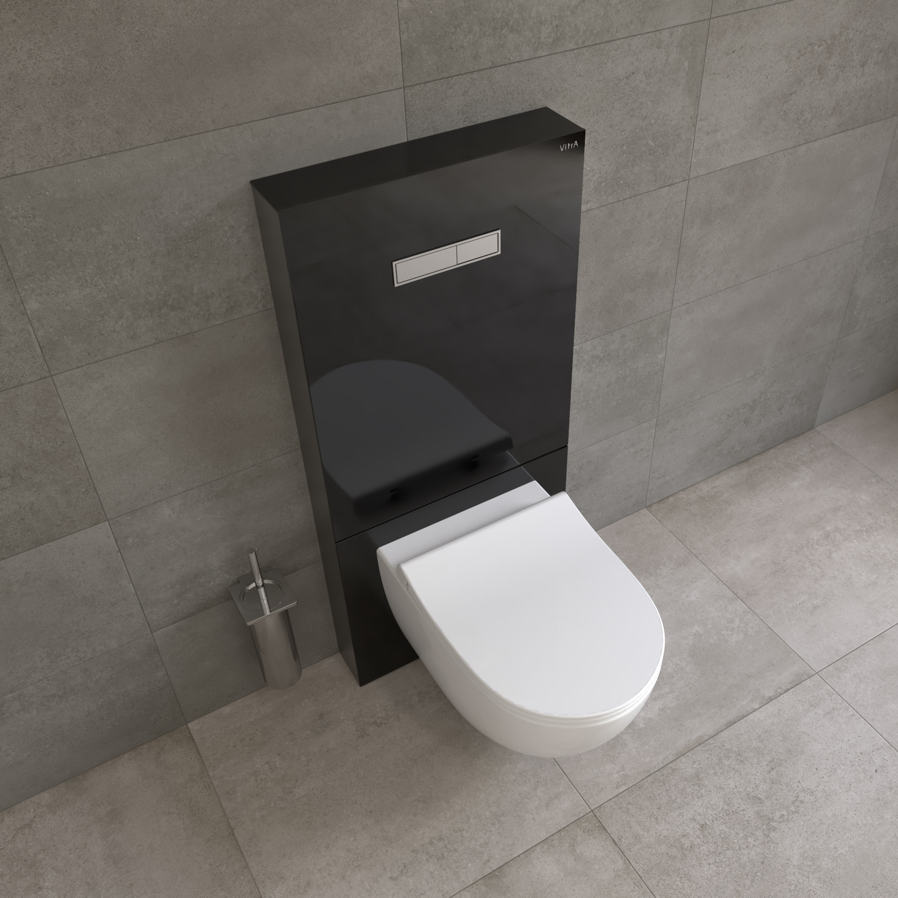 Pack WC Bâti support en verre trempé/aluminium brossé avec plaque intégrée, Noir + WC sans bride Sento + Abattant softclose