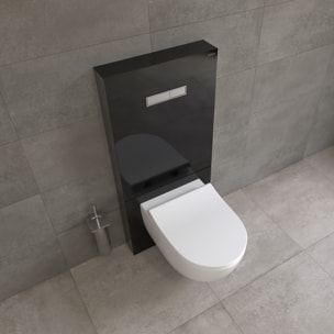 Pack WC Bâti support en verre trempé/aluminium brossé avec plaque intégrée, Noir + WC sans bride Sento + Abattant softclose