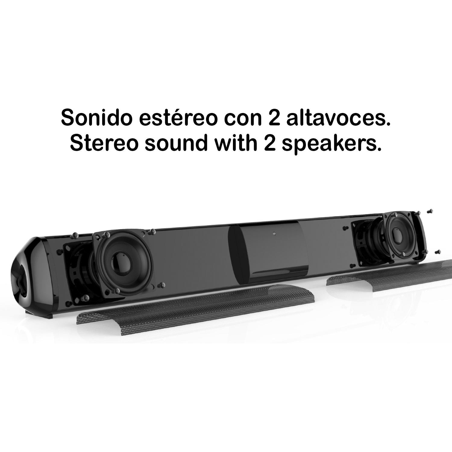 Soundbar 2.0 T90 Bluetooth 5.0. Ingresso RCA, ausiliario, Micro SD e radio FM. Batteria incorporata da 1800 mAh.