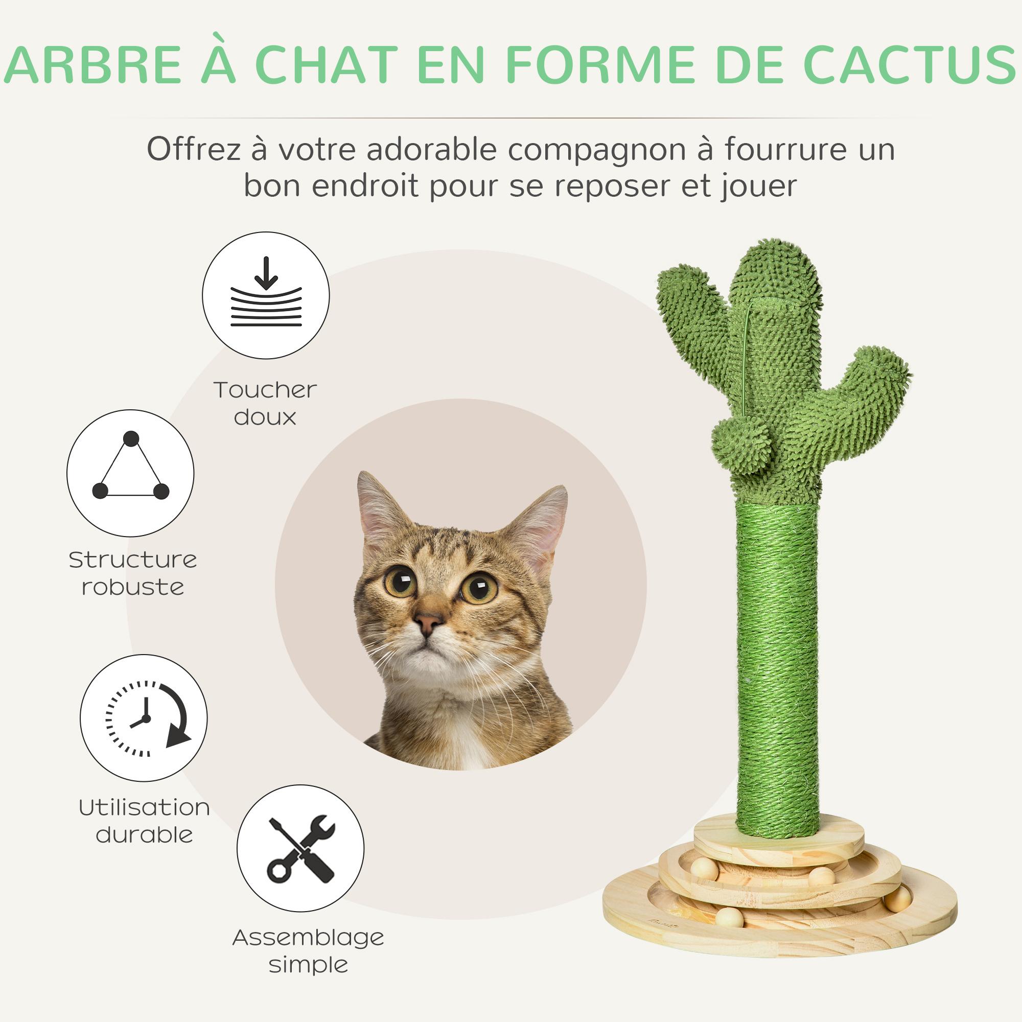 Griffoir chat design cactus - jouet pompon suspendu, jouet boules - bois de pin sisal vert