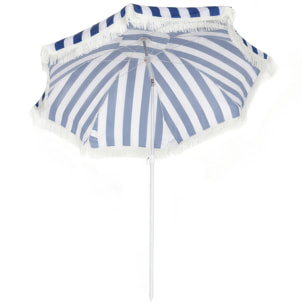 Sombrilla de Playa con Flecos Ø180 cm, Sombrilla de Terraza Exterior con Altura Ajustable, Inclinación 30°, Anclaje Arena y Bolsa de Transporte, Azul y Blanco