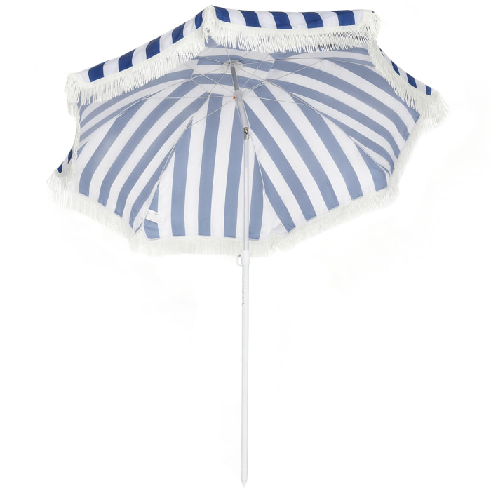 Sombrilla de Playa con Flecos Ø180 cm, Sombrilla de Terraza Exterior con Altura Ajustable, Inclinación 30°, Anclaje Arena y Bolsa de Transporte, Azul y Blanco
