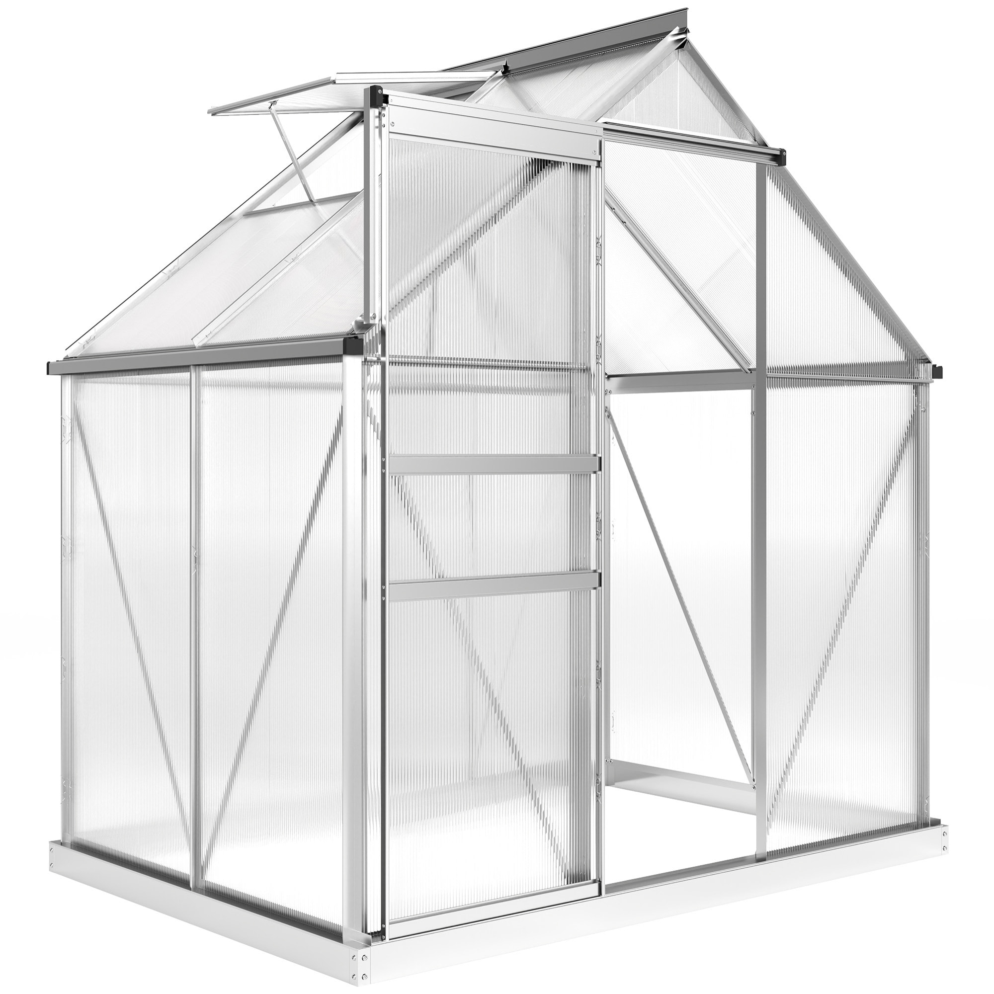 Serre de jardin aluminium polycarbonate 2,5 m² dim. 1,92L x 1,31l x 2H m lucarne réglable fondation porte coulissante