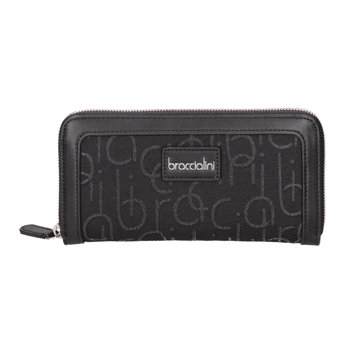 Portafoglio zip round in tessuto, scomparti interni. Rifinitura in sintetico effetto pelle liscia, tono su tono. Metalleria dorata. 18x10,5x3 cm