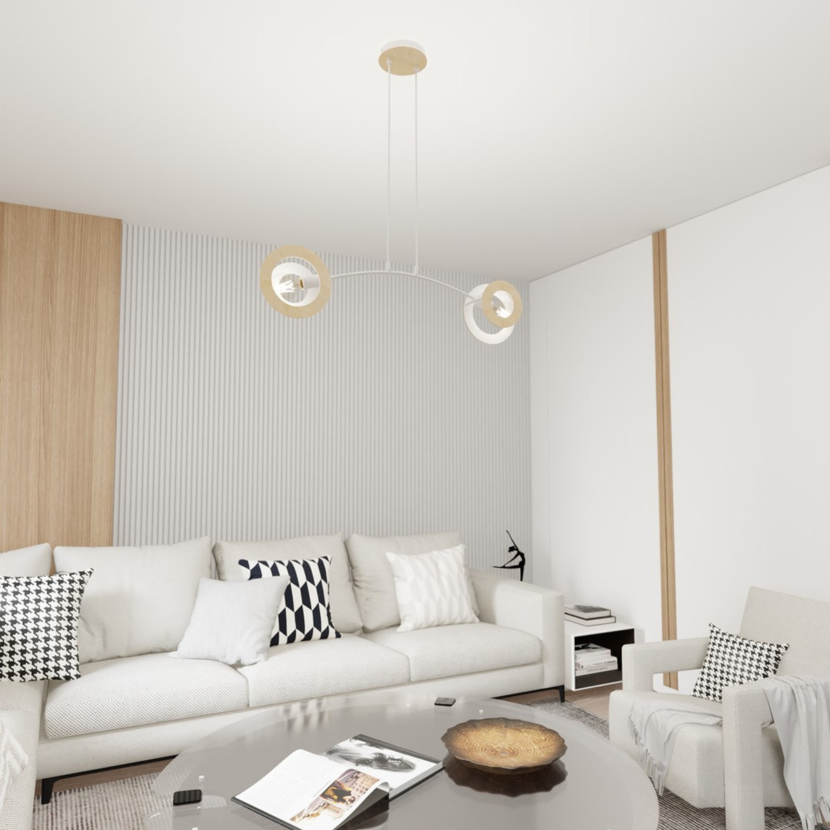 Lampada a sospensione Skiva in acciaio bianco e legno