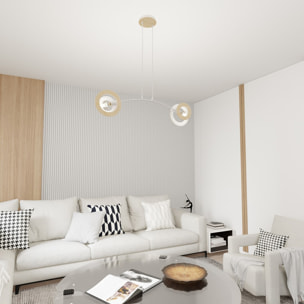 Lampada a sospensione Skiva in acciaio bianco e legno