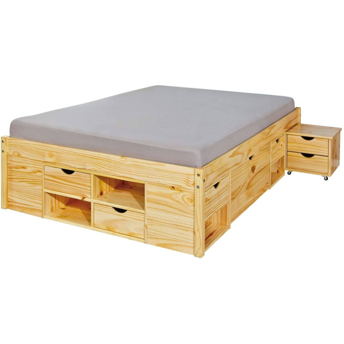 Letto matrimoniale con vani contenitore e comodino inclusi con ruote, 166.5 x 209 x 47.5, Marrone