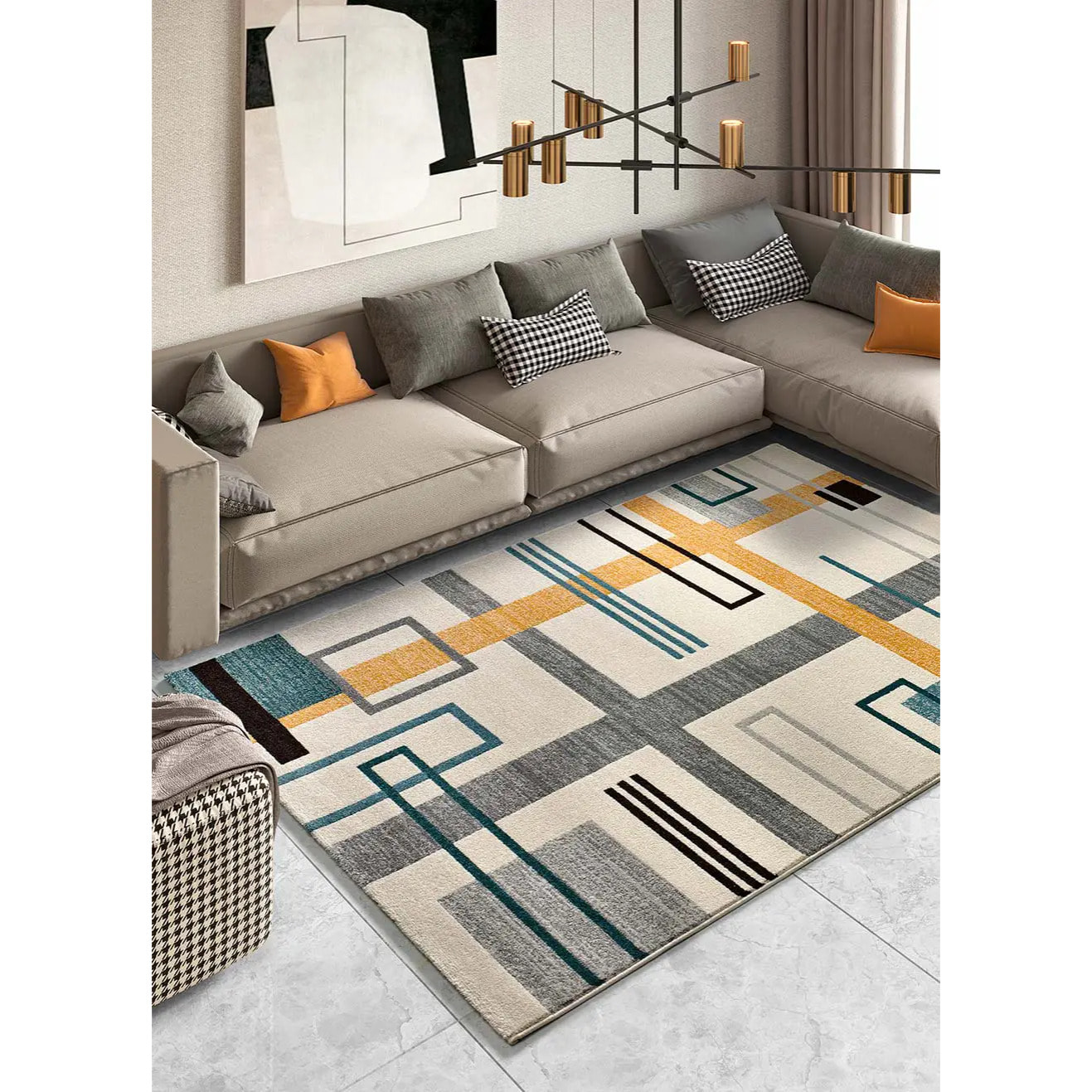 DEBBI Alfombra geométrica en gris con tonos mostaza y azules, varias medidas disponibles