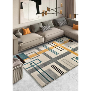 DEBBI Alfombra geométrica en gris con tonos mostaza y azules, varias medidas disponibles