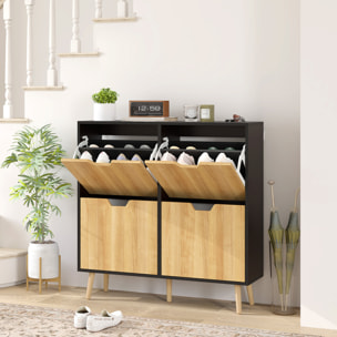 Zapatero Estrecho con 4 Cajones Abatibles, Zapatero Entrada Recibidor con Patas de Madera y Estantes Ajustables, para 16 Pares de Zapatos, para Pasillo, 95x26x95 cm, Natural y Negro