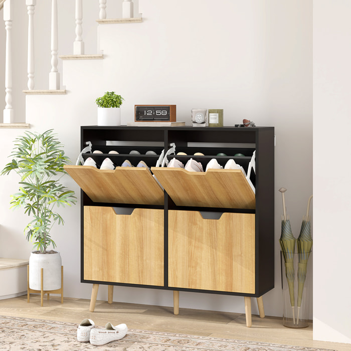 Zapatero Estrecho con 4 Cajones Abatibles, Zapatero Entrada Recibidor con Patas de Madera y Estantes Ajustables, para 16 Pares de Zapatos, para Pasillo, 95x26x95 cm, Natural y Negro