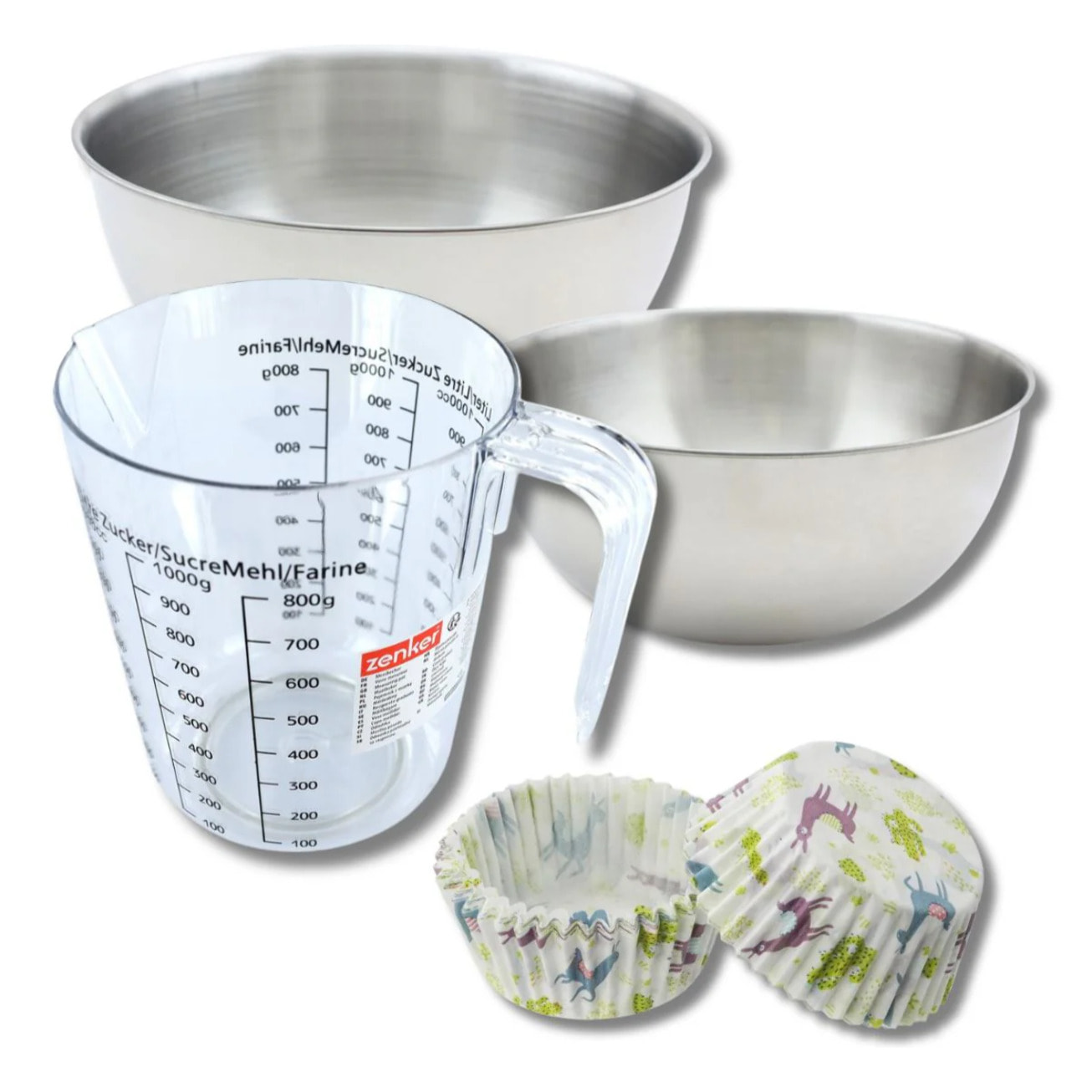 Set pâtisserie avec 50 moules à muffins lama en papier, 2 bols à mixer, verre mesureur et spatule Zenker