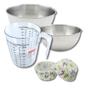Set pâtisserie avec 50 moules à muffins lama en papier, 2 bols à mixer, verre mesureur et spatule Zenker