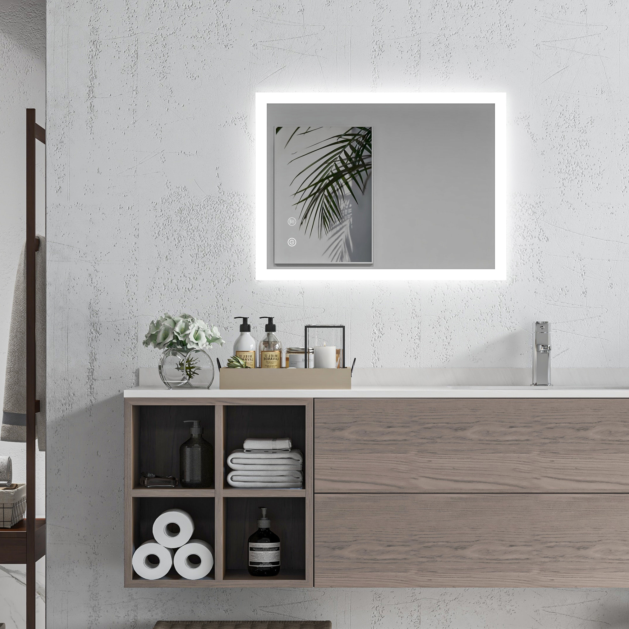 Miroir mural lumineux LED de salle de bain - 70L x 50l cm - avec 3 couleurs, luminosité réglable interrupteur tactile système antibuée transparent