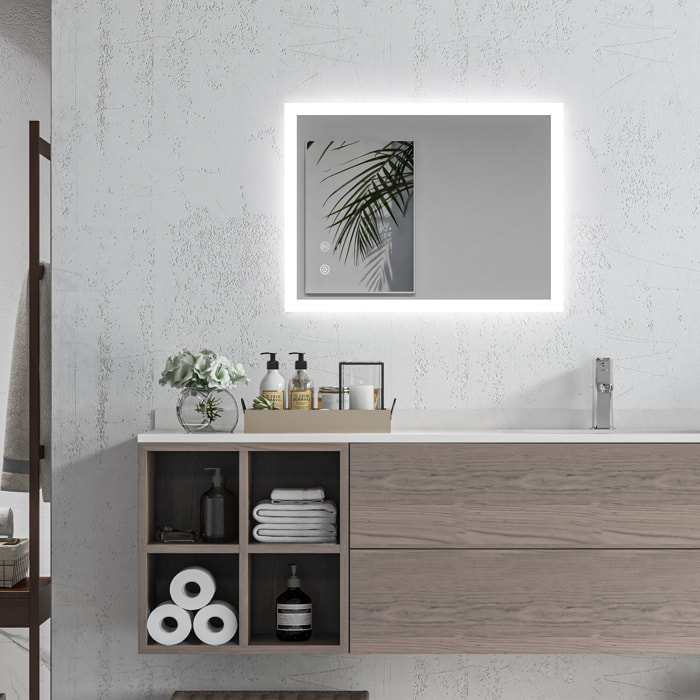 Miroir mural lumineux LED de salle de bain - 70L x 50l cm - avec 3 couleurs, luminosité réglable interrupteur tactile système antibuée transparent