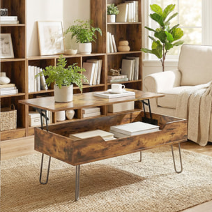 Mesa de Centro Elevable, Mesa de Café para Salón con Compartimento Oculto, Patas de Acero para Sala de Estar, Comedor, 95x50x40 cm, Marrón Rústico