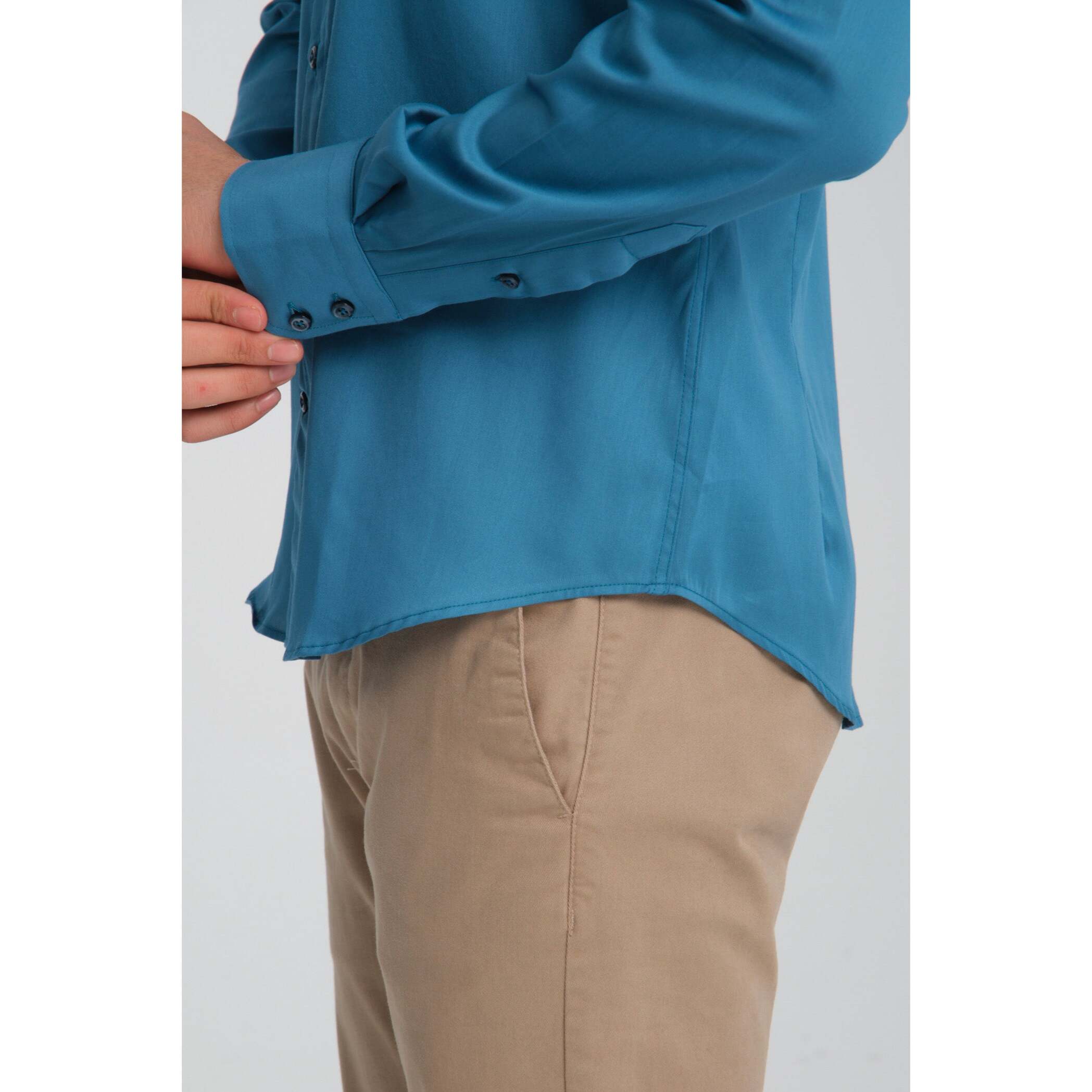 Camicia Uomo 2 Bottoni Button Down Slim Satin Unito Verde Ottanio