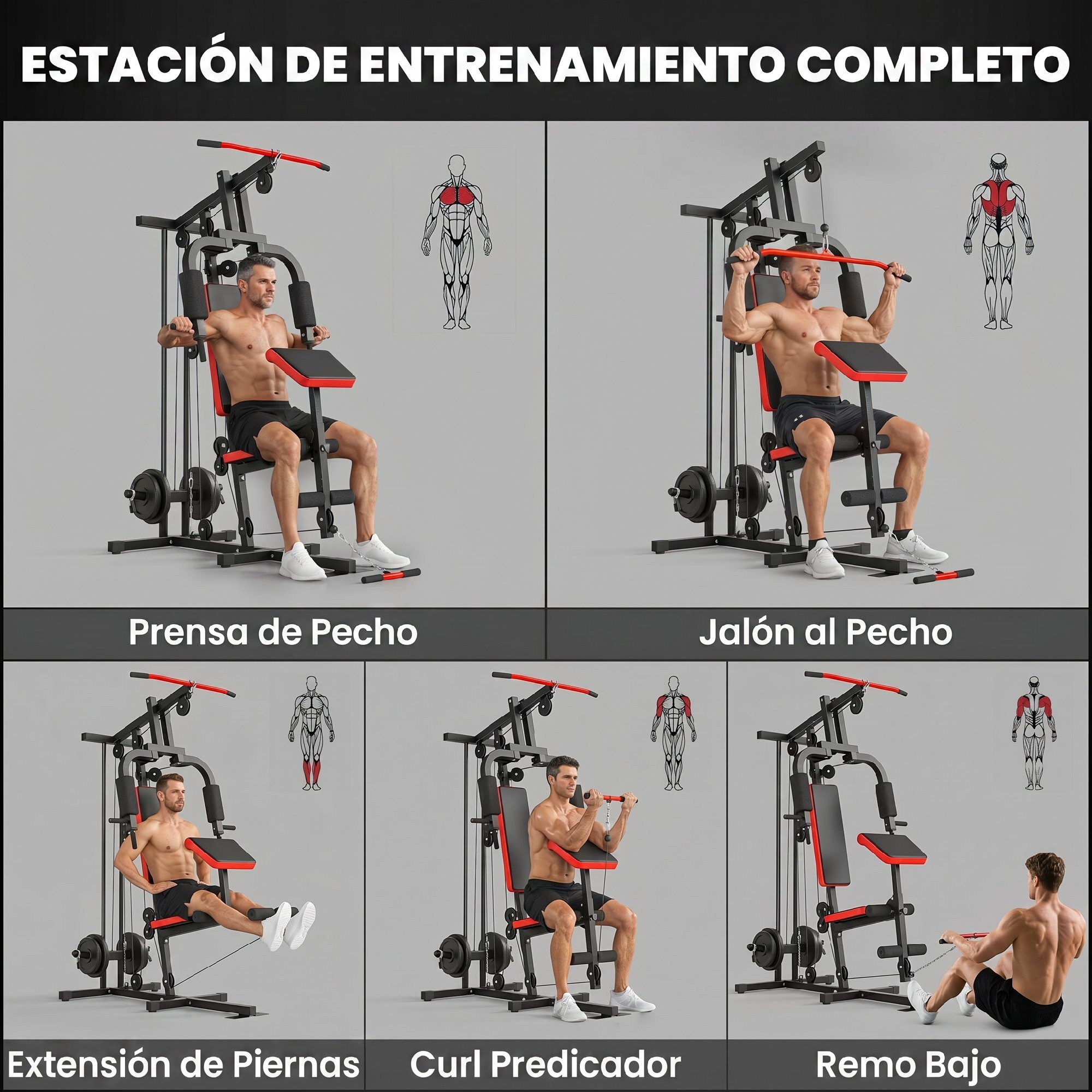 Multiestación Musculación, Máquina de Musculación con Polea Alta y Baja, Prensa de Pecho, Curl de Piernas y Bíceps, Mariposa, Compatible con Discos 25 y 50 mm Carga 120 kg para Gimnasio Casa