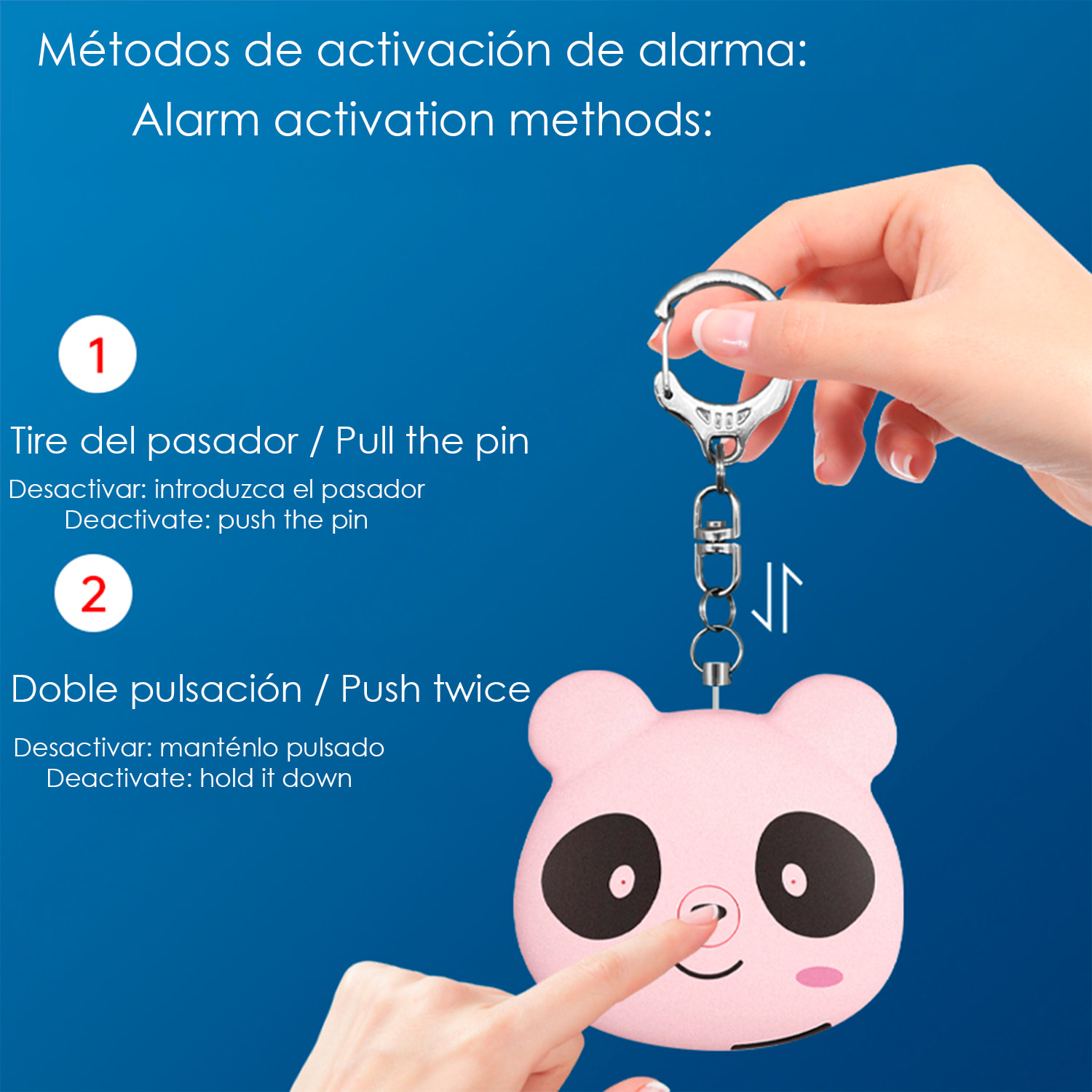 Allarme SOS personale con design panda e suono di 130dB. Batteria ricaricabile e attivazione rapida tirando l'anello.