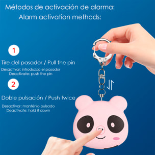 Allarme SOS personale con design panda e suono di 130dB. Batteria ricaricabile e attivazione rapida tirando l'anello.