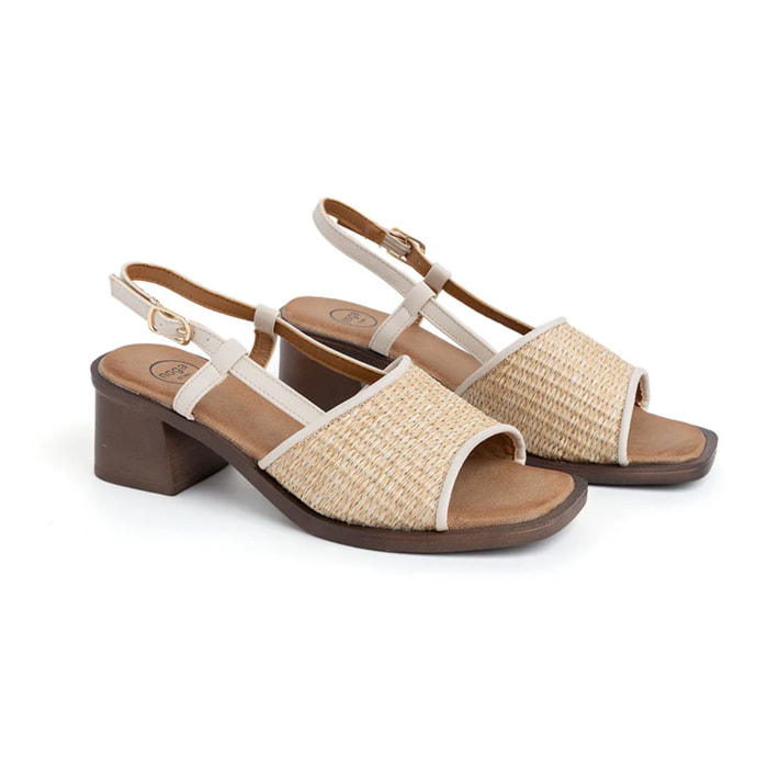 Sandalo con fascia in paglia e tacco 5 - BEIGE
