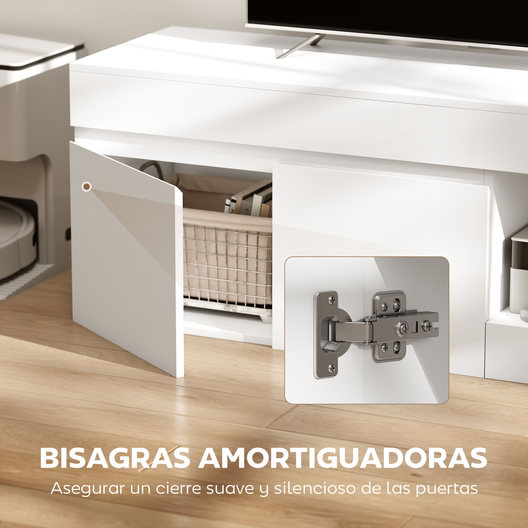 Mueble de TV Moderno, Mesa de TV para Salón con 2 Puertas, Estante Abierto, para Televisión 60 Pulgadas, 140x40x48 cm, Blanco