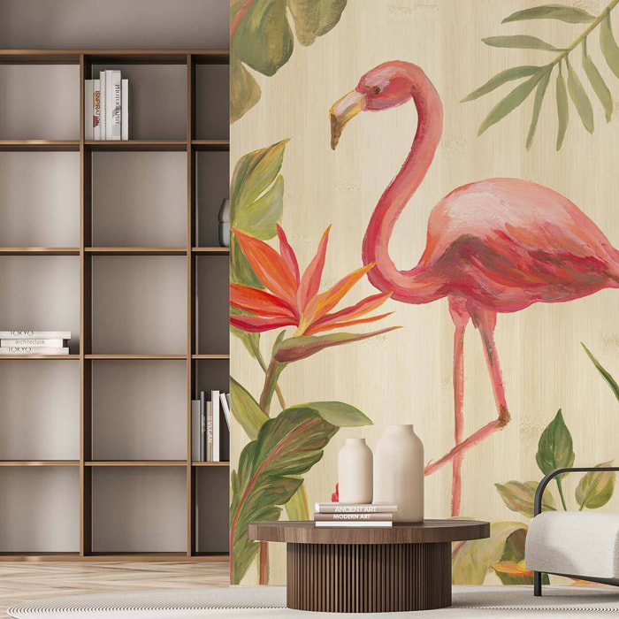 Papier peint exotique flamant rose en aquarelle Intissé