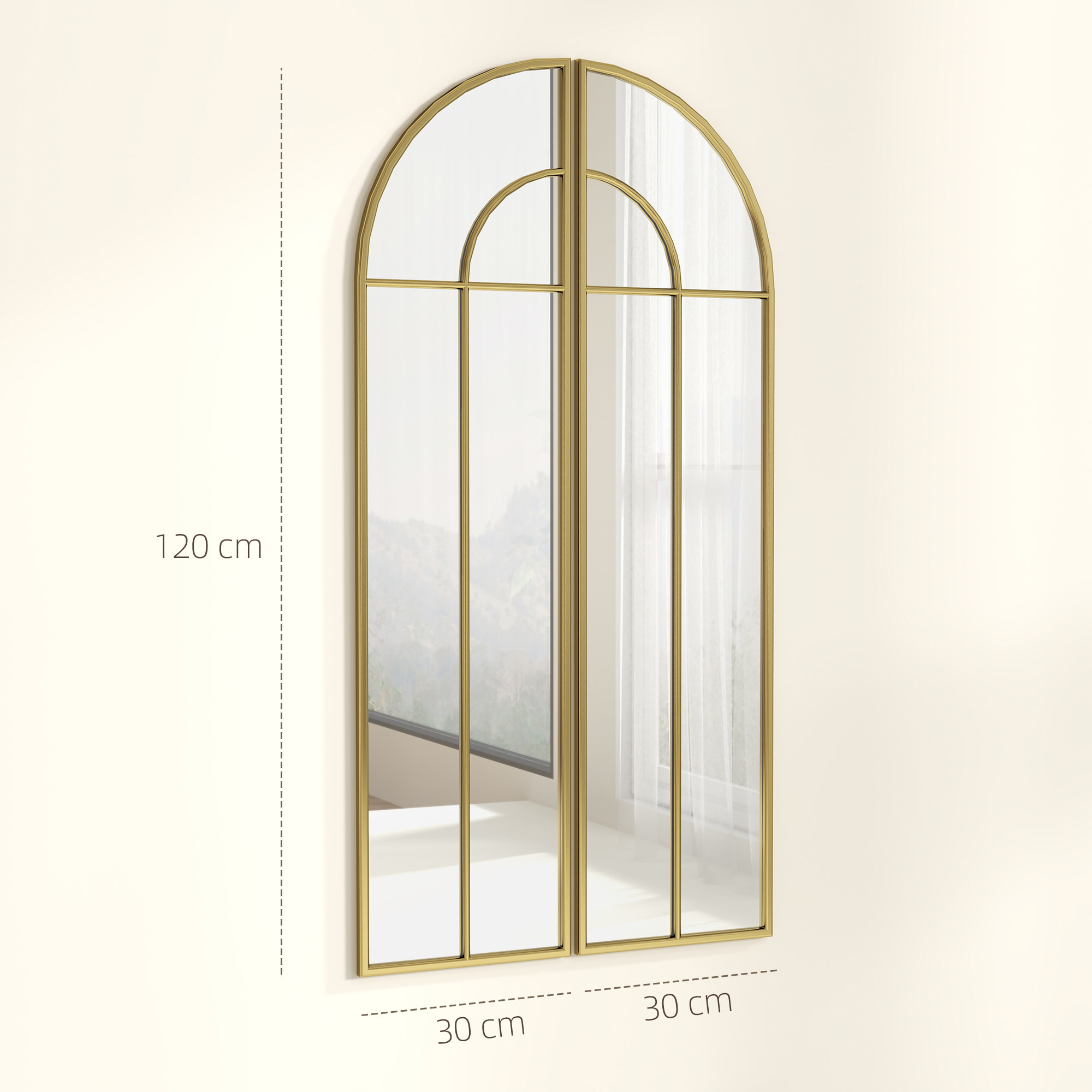 Espejo Decorativo de Pared de 2 Piezas 30x120 cm Espejo de Ventana con Diseño en Arco y Marco de Metal Espejo para Salón Dormitorio Entrada Dorado