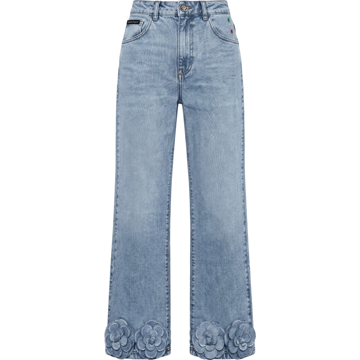 PHILIPP PLEIN Straight Cut Jeans Roses Strass