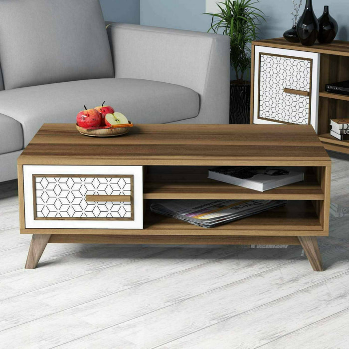 Tavolino da salotto Thimphu, Tavolo basso da caffè, Portariviste per divano, Ripiano da soggiorno, 105x60h38 cm, Noce e Bianco