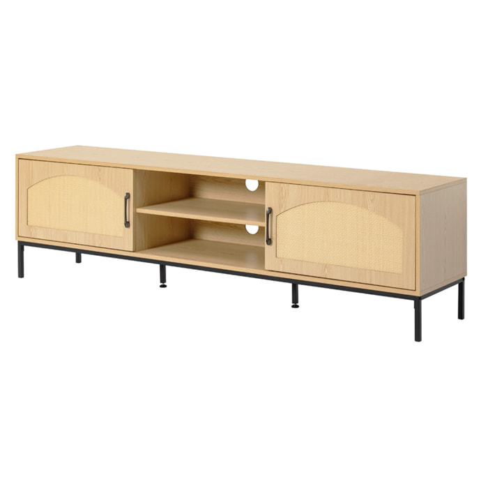 Nagato - meuble tv - cannage et effet bois - 2 portes et 2 niches -180 cm - Bois / Noir