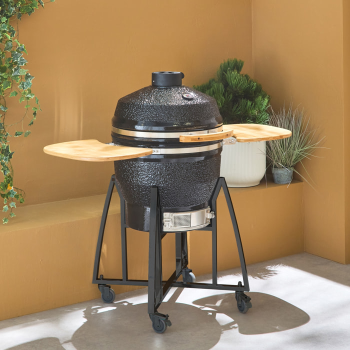Barbecue charbon de bois, grill et fumoir, céramique Ø57cm avec roues, tablettes et housse KAMADO