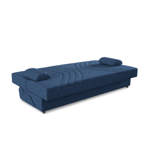 Divano letto Ramon, Divano letto contenitore a 3 posti con 2 cuscini inclusi, Sofà da soggiorno in tessuto imbottito con apertura click-clack, Cm 181x81h88, Blu