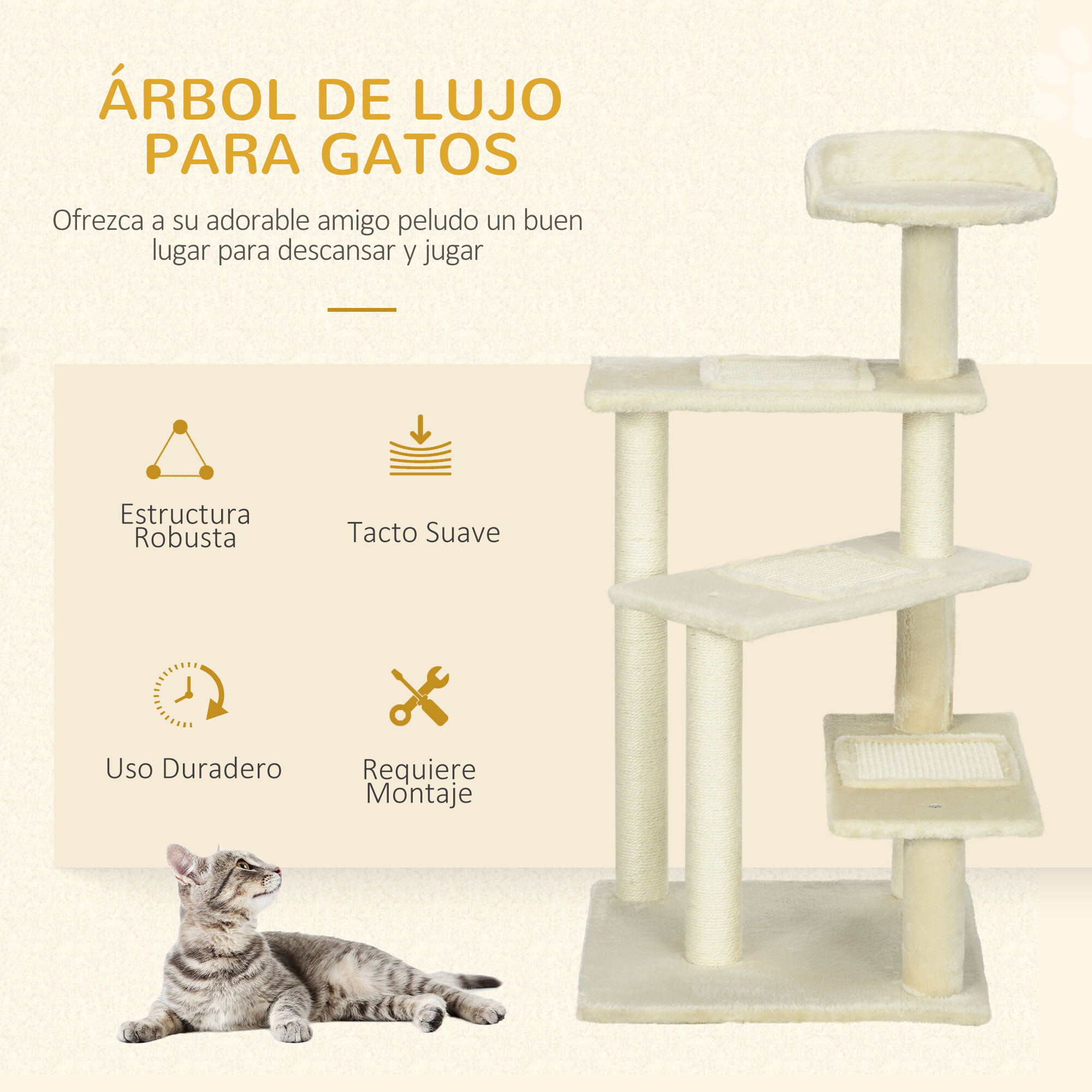 Árbol Rascador de Gato de Sisal Natural 50x50x100cm Beige