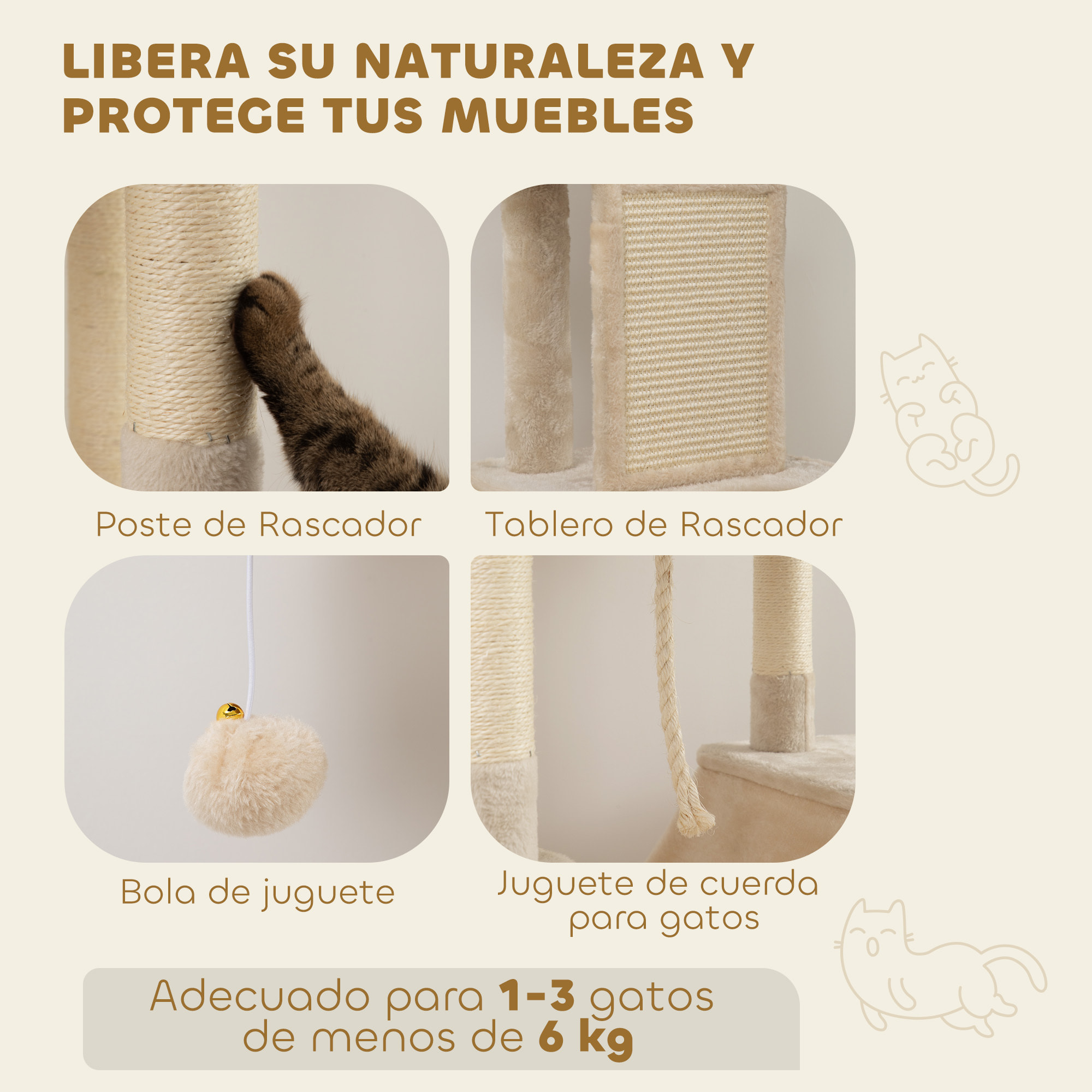 Árbol Rascador para Gatos Grande Altura 206 cm Árbol para Gatos Torre para Gatos con Plataformas Cuevas Bolas Colgantes y Hamacas Beige