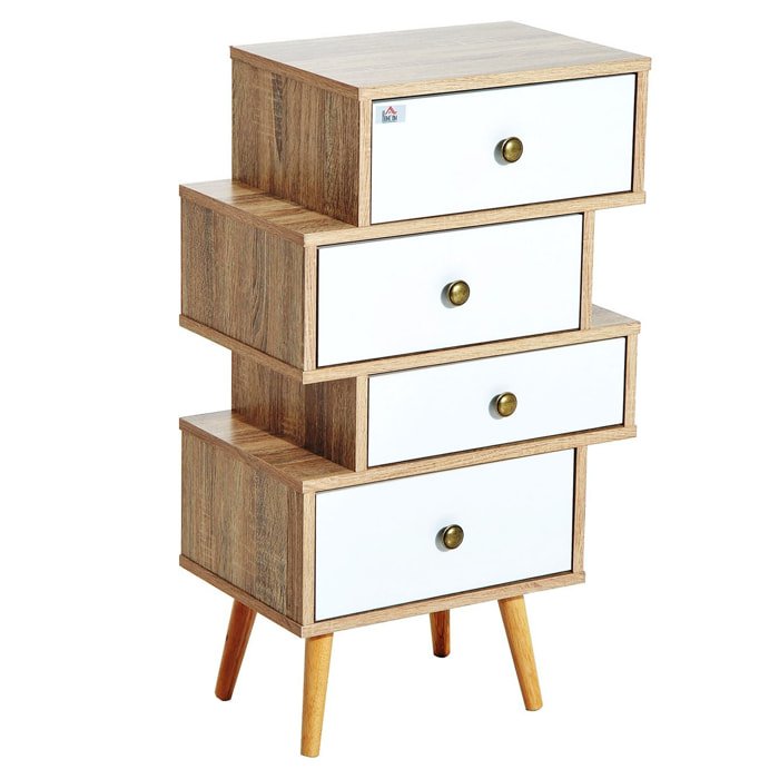 Meuble commode chiffonnier style scandinave 4 tiroirs coulissants 47 x 30 x 81 cm coloris blanc bois de chêne