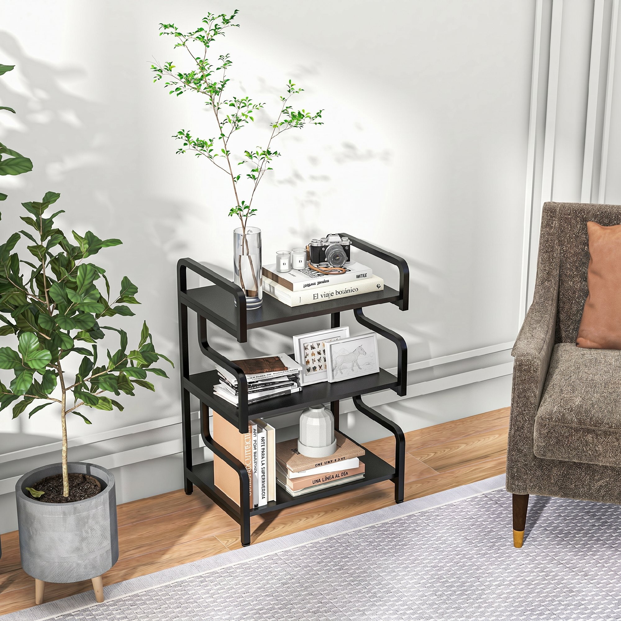 HOMCOM Soporte para Impresora de 3 Niveles, Mueble para Impresora con Marco de Acero, Estantería de Almacenamiento Multiusos para Escáner y Fax en Oficina, Casa, 55x40x77 cm, Negro