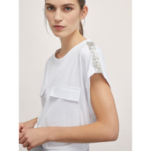 Motivi - T-shirt con mostrine di paillettes - Bianco