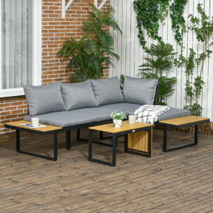 Conjunto de Muebles de Jardín de Aluminio 3 Piezas Juego de Conversación Incluye 2 Sofás Esquineros con Cojines Mesa de Plástico Madera Gris