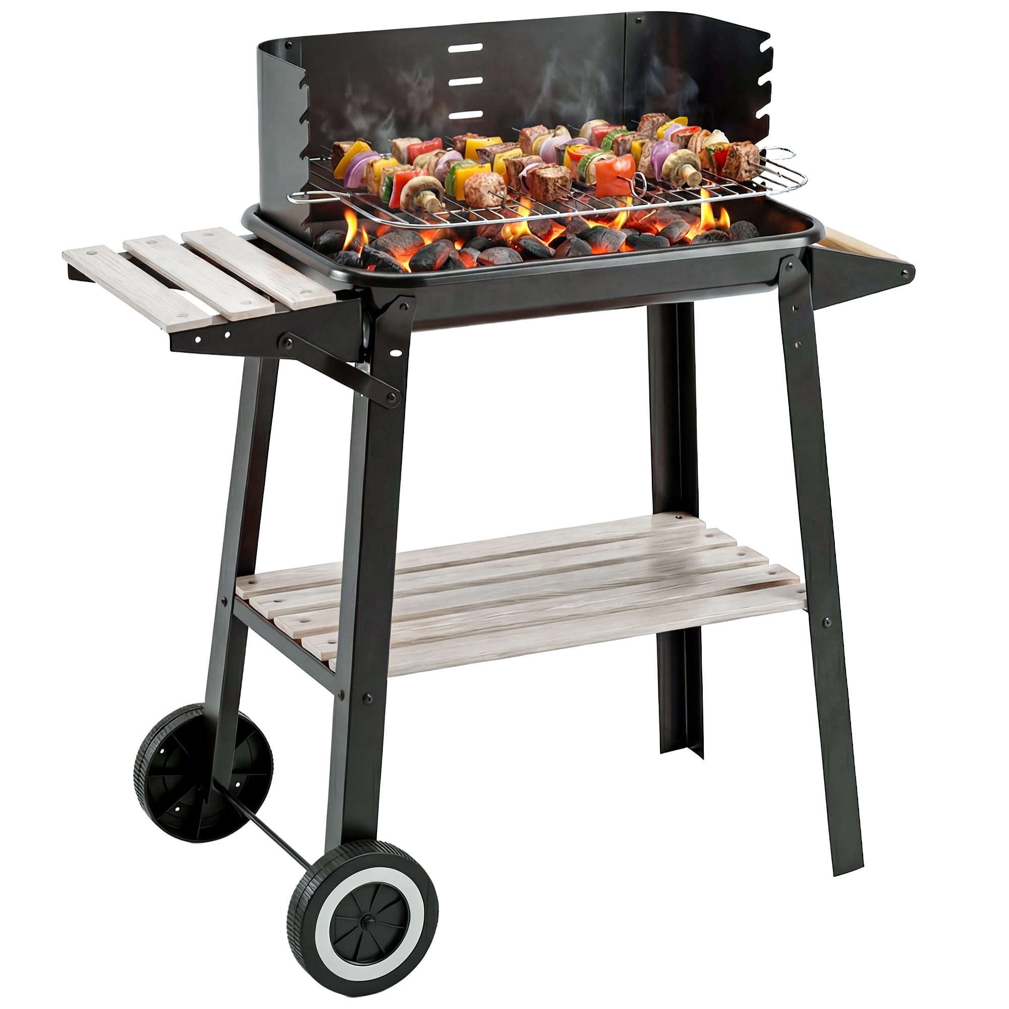 Barbacoa de Carbón Vegetal Parrillas Asador BBQ de Picnic Altura de Parrillas Ajustables con Estantes y Ruedas Fácil Mover para Jardín Exterior Acampada 83x46x87 cm