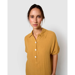 Vestido midi manga fluida muselina ocre