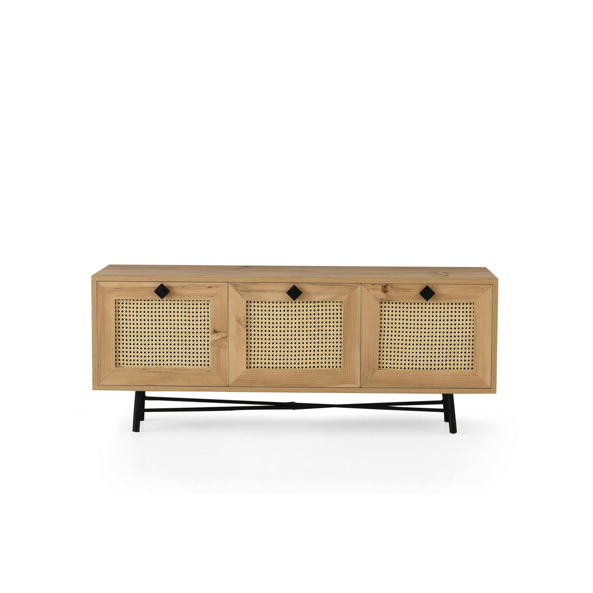 Mobile porta TV Dpasinat, Credenza da soggiorno, Armadio basso per TV, Base parete attrezzata, 140x40h60 cm, Quercia e Nero