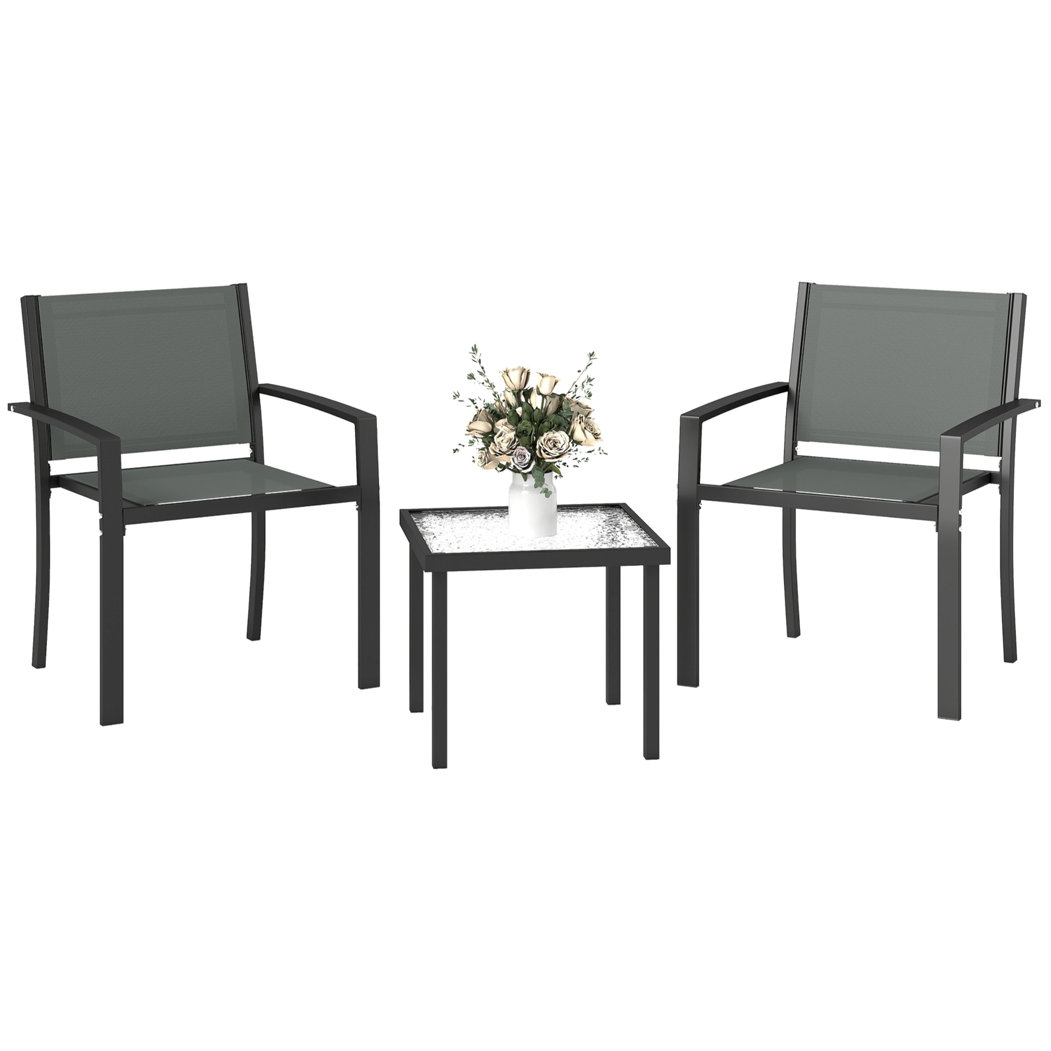 Conjunto de Mesa y Sillas de Terraza Exterior 3 Piezas, Muebles de Jardín Exterior con 2 Sillas Anchas de Textilene, Mesa de Vidrio Templado, para Patio, Balcón, Gris Claro