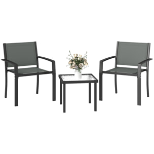 Conjunto de Mesa y Sillas de Terraza Exterior 3 Piezas, Muebles de Jardín Exterior con 2 Sillas Anchas de Textilene, Mesa de Vidrio Templado, para Patio, Balcón, Gris Claro