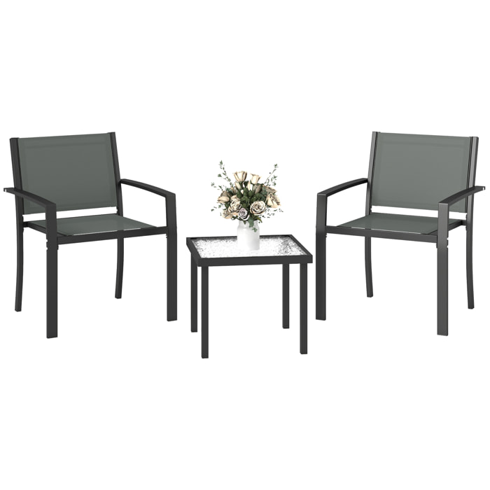 Conjunto de Mesa y Sillas de Terraza Exterior 3 Piezas, Muebles de Jardín Exterior con 2 Sillas Anchas de Textilene, Mesa de Vidrio Templado, para Patio, Balcón, Gris Claro