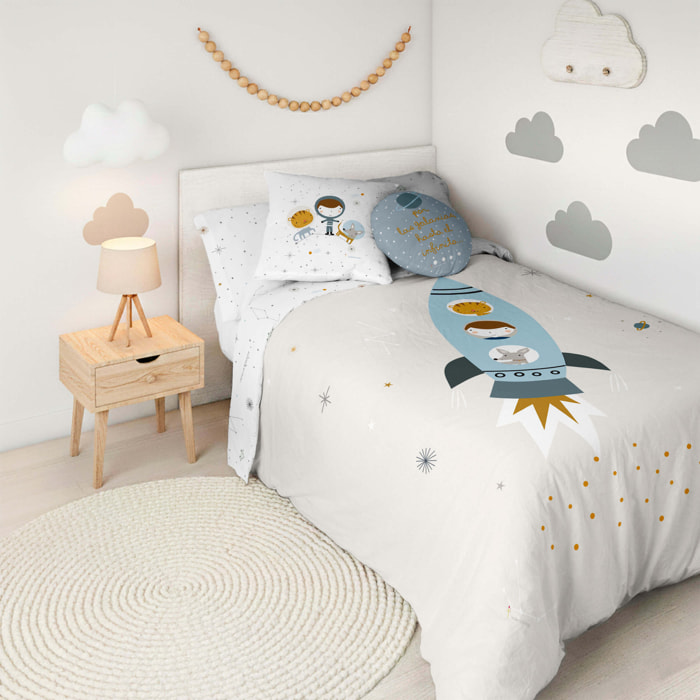 Funda Nórdica Estampada - Reversible - Infantil - Cierre Solapa - 100% Algodón - Incluye 1 Funda de Almohada - Viaje Espacial