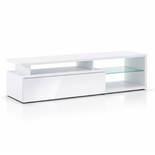 Mobile TV Con Mensola In Vetro 3 Vani A Giorno E Anta Senza Maniglie Parete Attrezzata Salotto Soggiorno Design Minimal 160 x 41 x 45 Cm Bianco