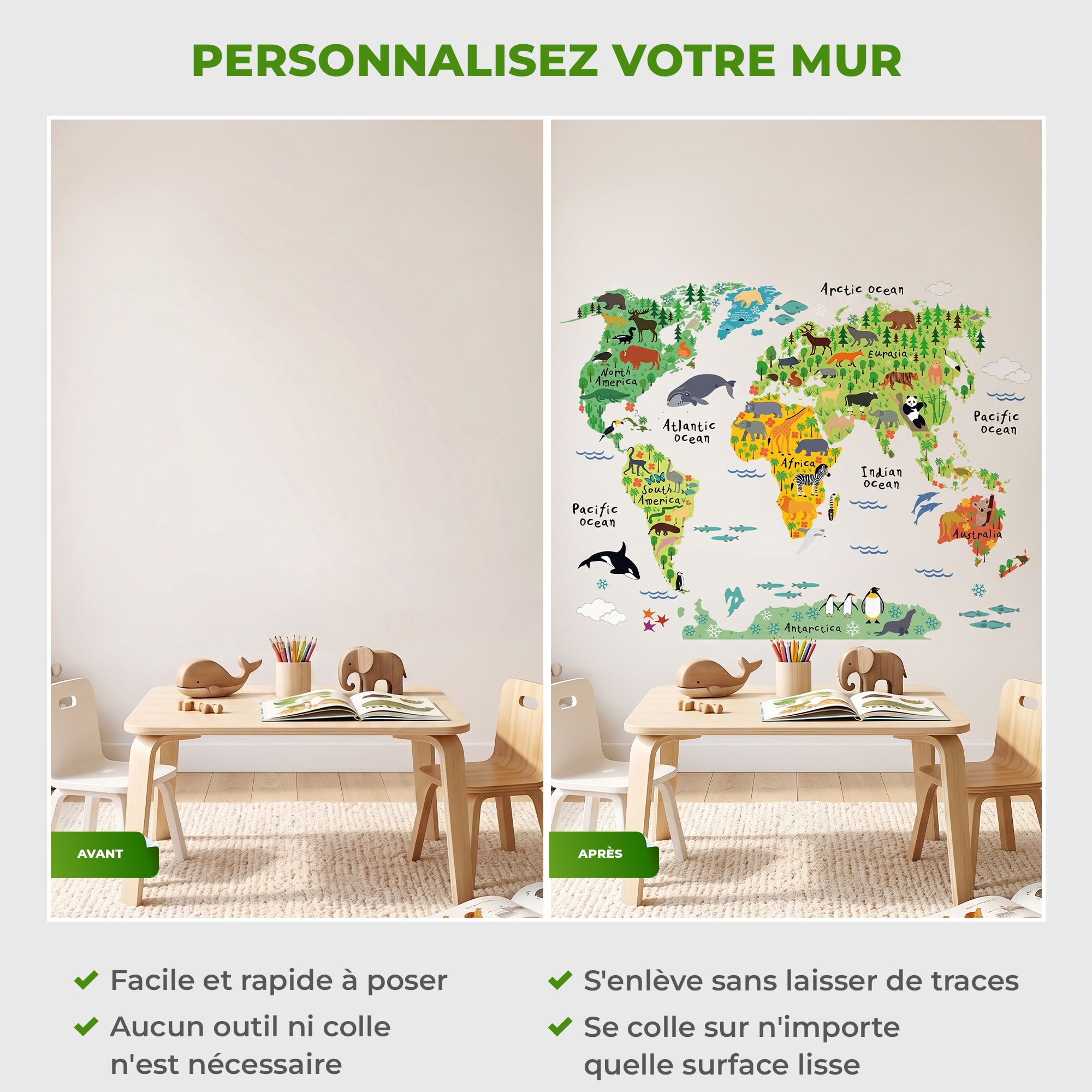 Stickers Muraux décoration adhésifs carte du monde pour enfants animaux du monde