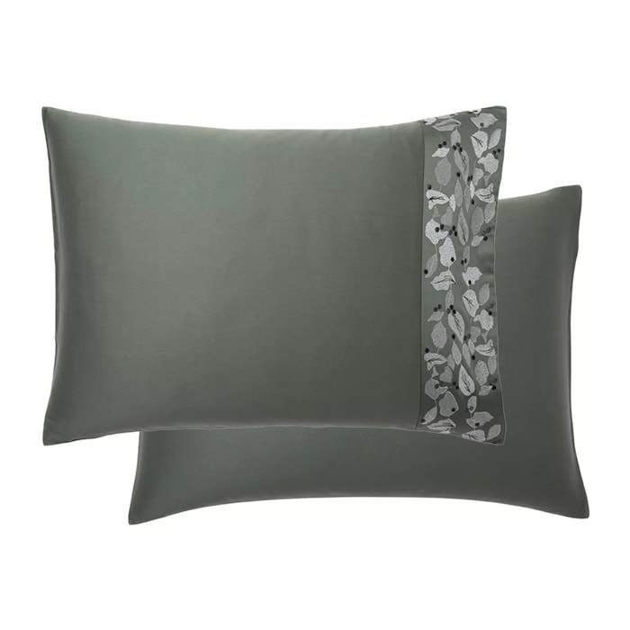 Taie d'oreiller satin de coton brodé vert Cayla cedre