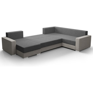 Leslie - Canapé panoramique d'angle réversible 7 places convertible avec coffre en tissu - Gris foncé